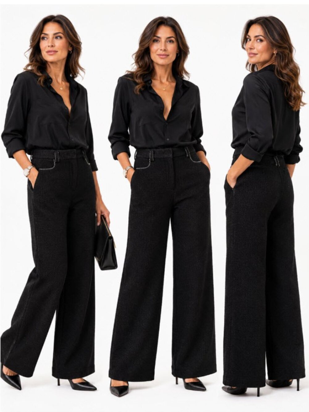Maje Black Tweed wide leg with Embellished Belt Loops